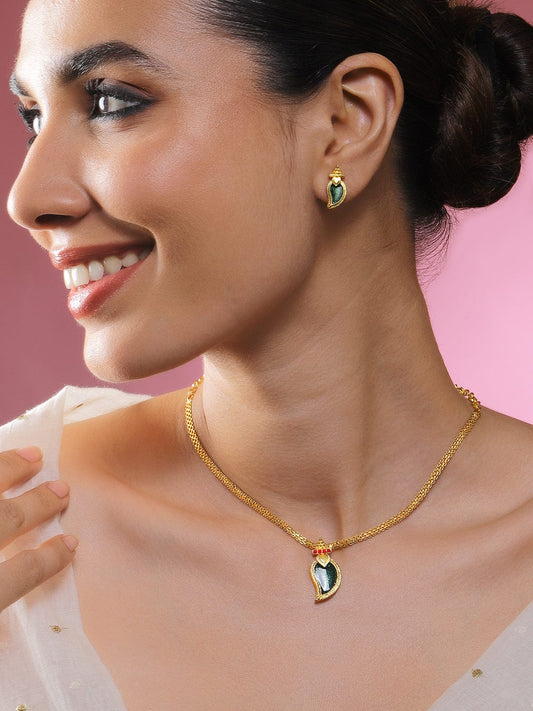 Rubans 18K Gold-Plated Green Enamel Leaf Pendant Necklace Set with Pink & White Stone Floral Accents for Women