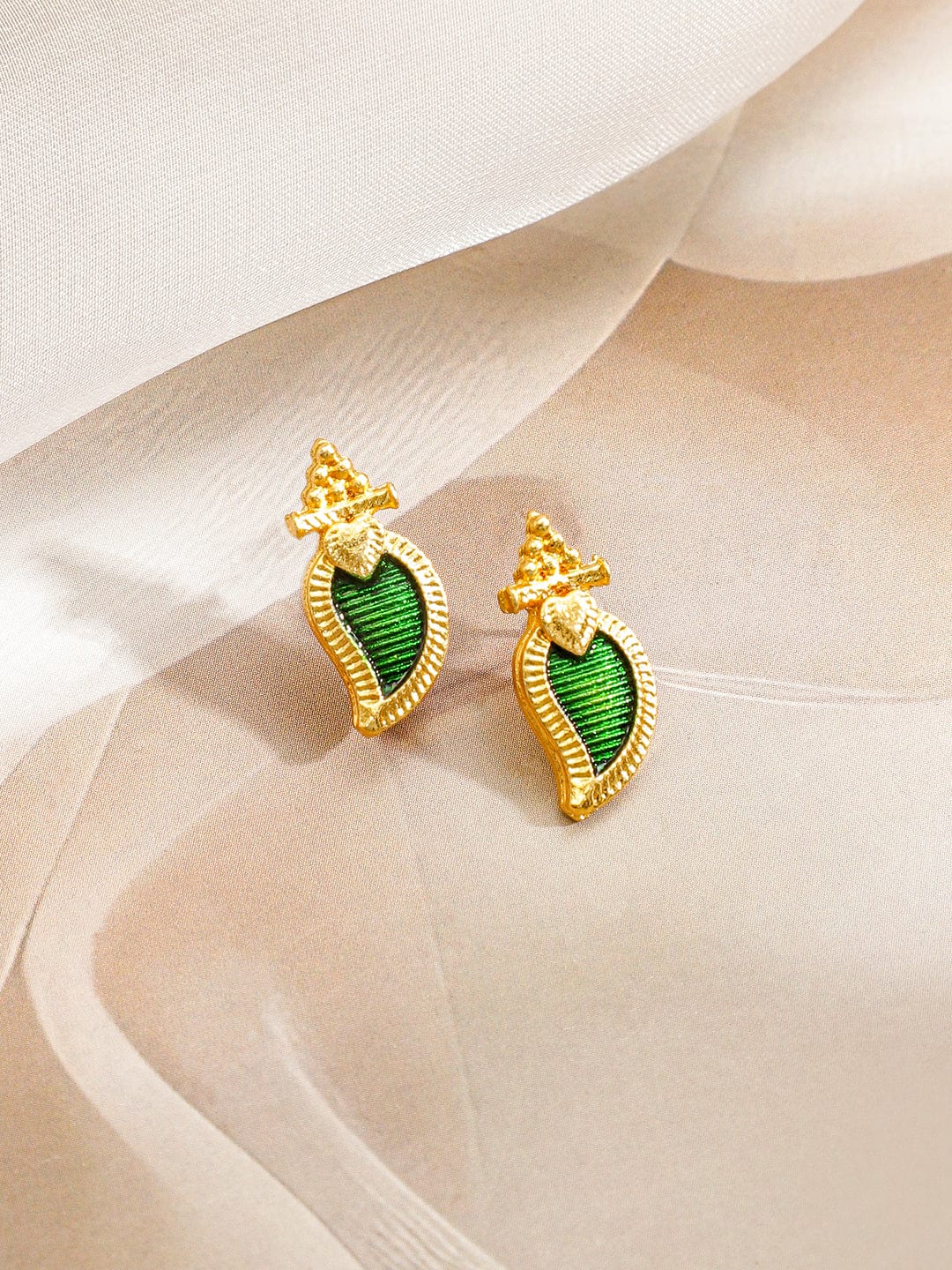 Rubans 18K Gold-Plated Green Enamel Leaf Pendant Necklace Set with Pink & White Stone Floral Accents for Women