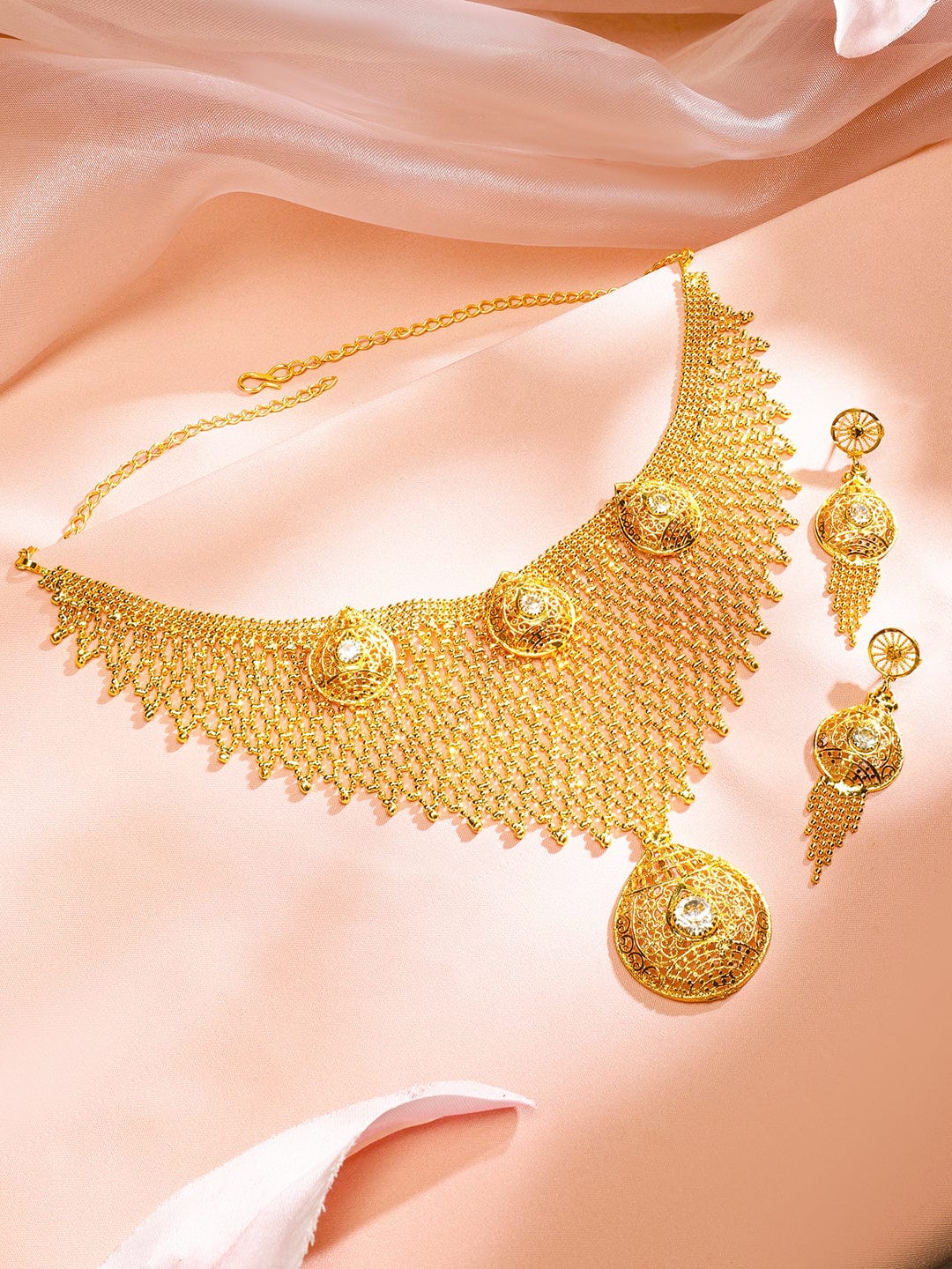 Rubans 18K Gold-Plated Handcrafted Filigree Mesh Statement Choker Necklace Set with Dome Motif & Fringe Accents for Women