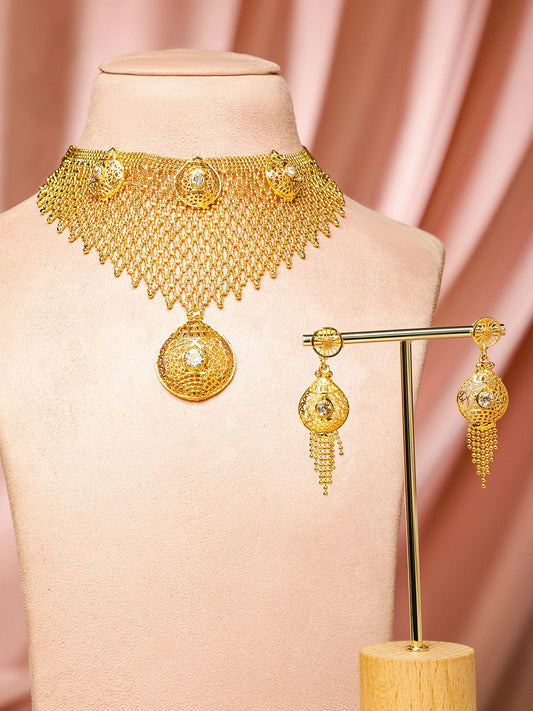 Rubans 18K Gold-Plated Handcrafted Filigree Mesh Statement Choker Necklace Set with Dome Motif & Fringe Accents for Women