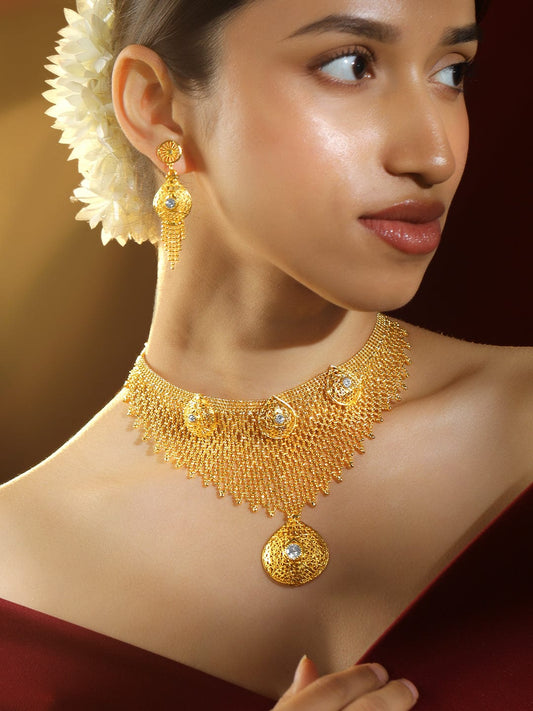 Rubans 18K Gold-Plated Handcrafted Filigree Mesh Statement Choker Necklace Set with Dome Motif & Fringe Accents for Women
