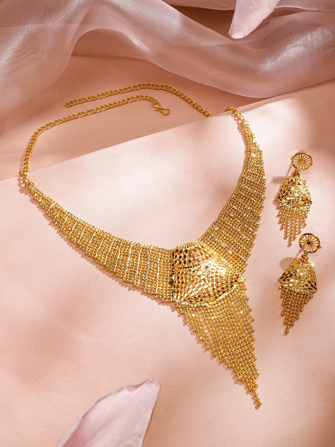 Rubans 18K Gold-Plated Handcrafted Mesh Chain Statement Necklace Set with Cascading Fringe Design for Women