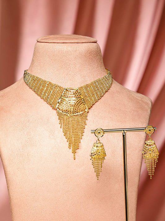 Rubans 18K Gold-Plated Handcrafted Mesh Chain Statement Necklace Set with Cascading Fringe Design for Women