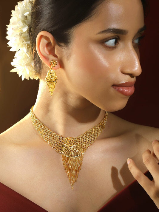 Rubans 18K Gold-Plated Handcrafted Mesh Chain Statement Necklace Set with Cascading Fringe Design for Women