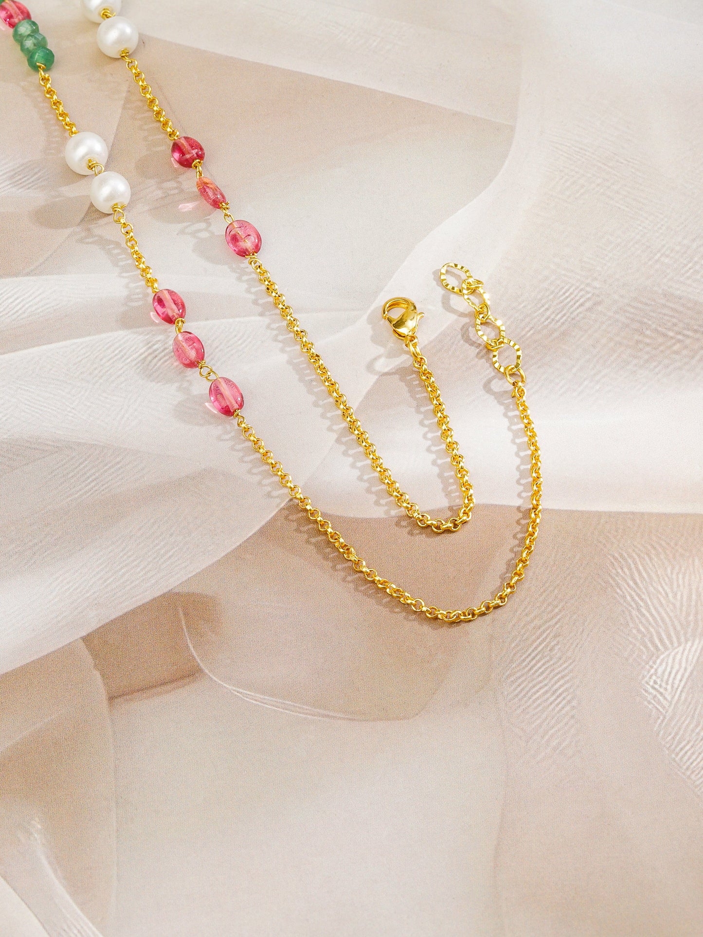Rubans 18K Gold-Plated Kundan Pendant Necklace with Enamel Floral Detailing, Green and Pink Beads, White Kundan Centre & Pearls