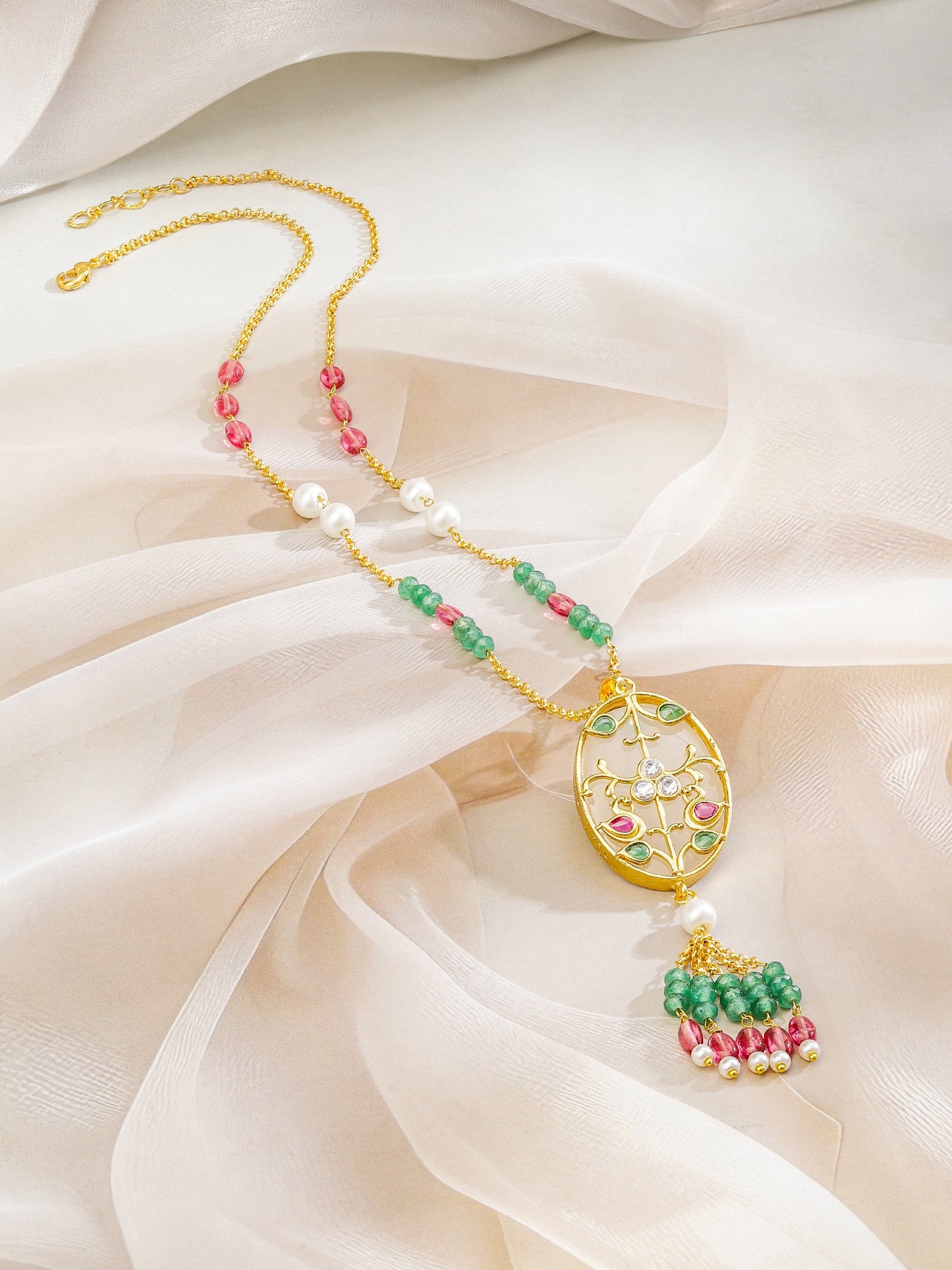 Rubans 18K Gold-Plated Kundan Pendant Necklace with Enamel Floral Detailing, Green and Pink Beads, White Kundan Centre & Pearls