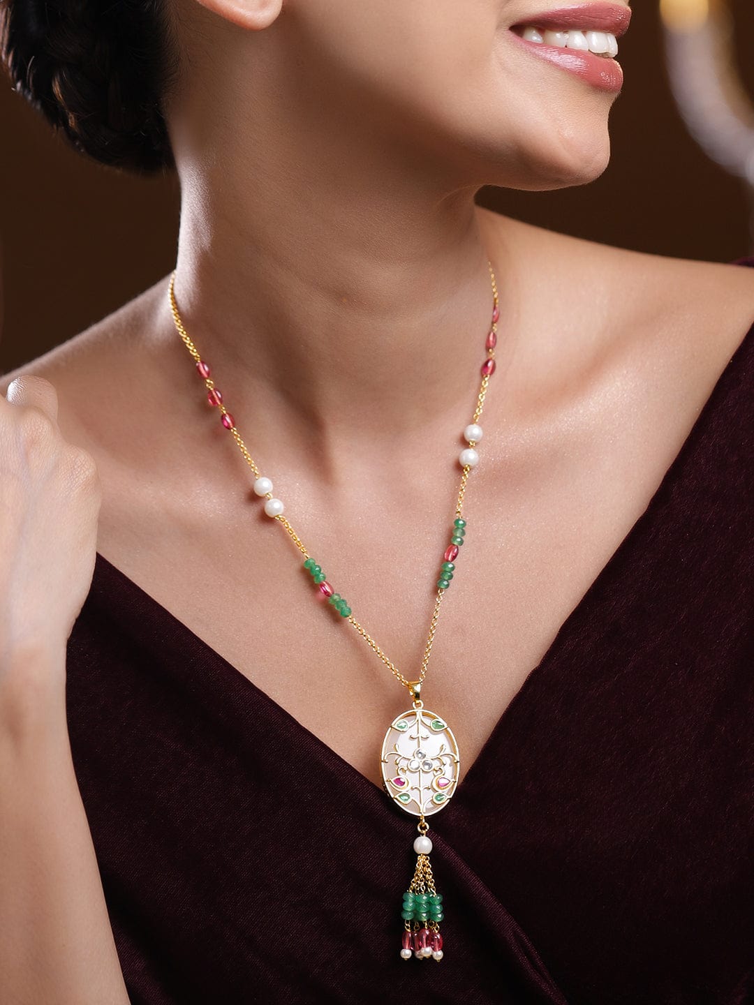 Rubans 18K Gold-Plated Kundan Pendant Necklace with Enamel Floral Detailing, Green and Pink Beads, White Kundan Centre & Pearls