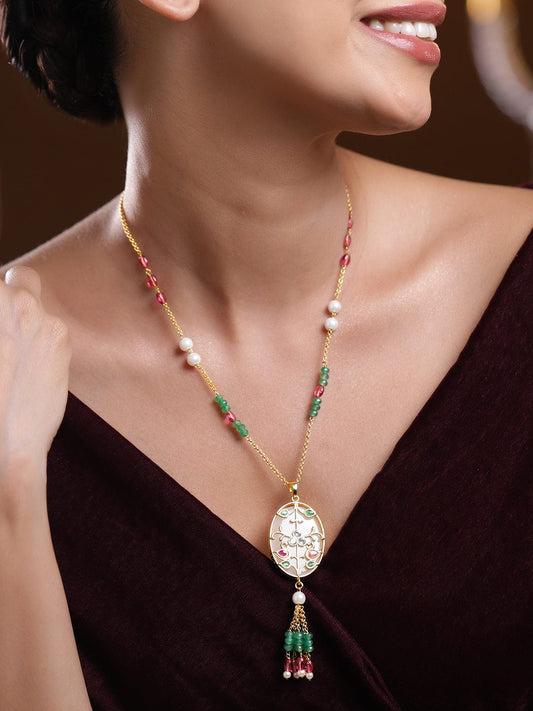Rubans 18K Gold-Plated Kundan Pendant Necklace with Enamel Floral Detailing, Green and Pink Beads, White Kundan Centre & Pearls