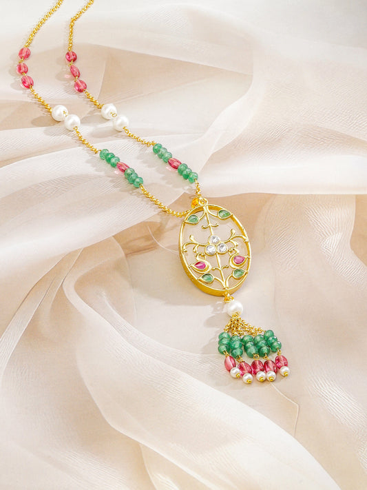 Rubans 18K Gold-Plated Kundan Pendant Necklace with Enamel Floral Detailing, Green and Pink Beads, White Kundan Centre & Pearls