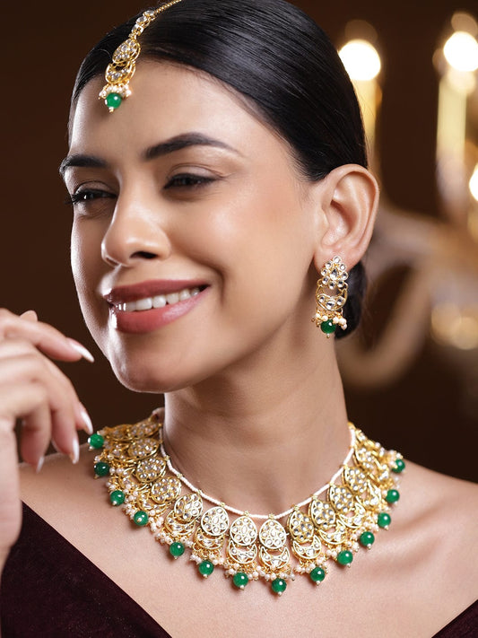 Rubans 18K Gold-Plated Kundan-Studded White & Green Beaded Choker Necklace Set with Earrings & Maang Tikka