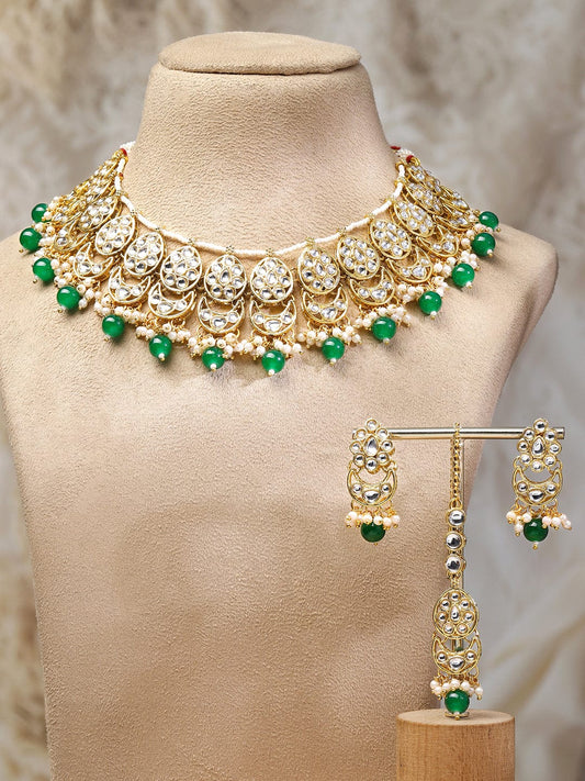 Rubans 18K Gold-Plated Kundan-Studded White & Green Beaded Choker Necklace Set with Earrings & Maang Tikka