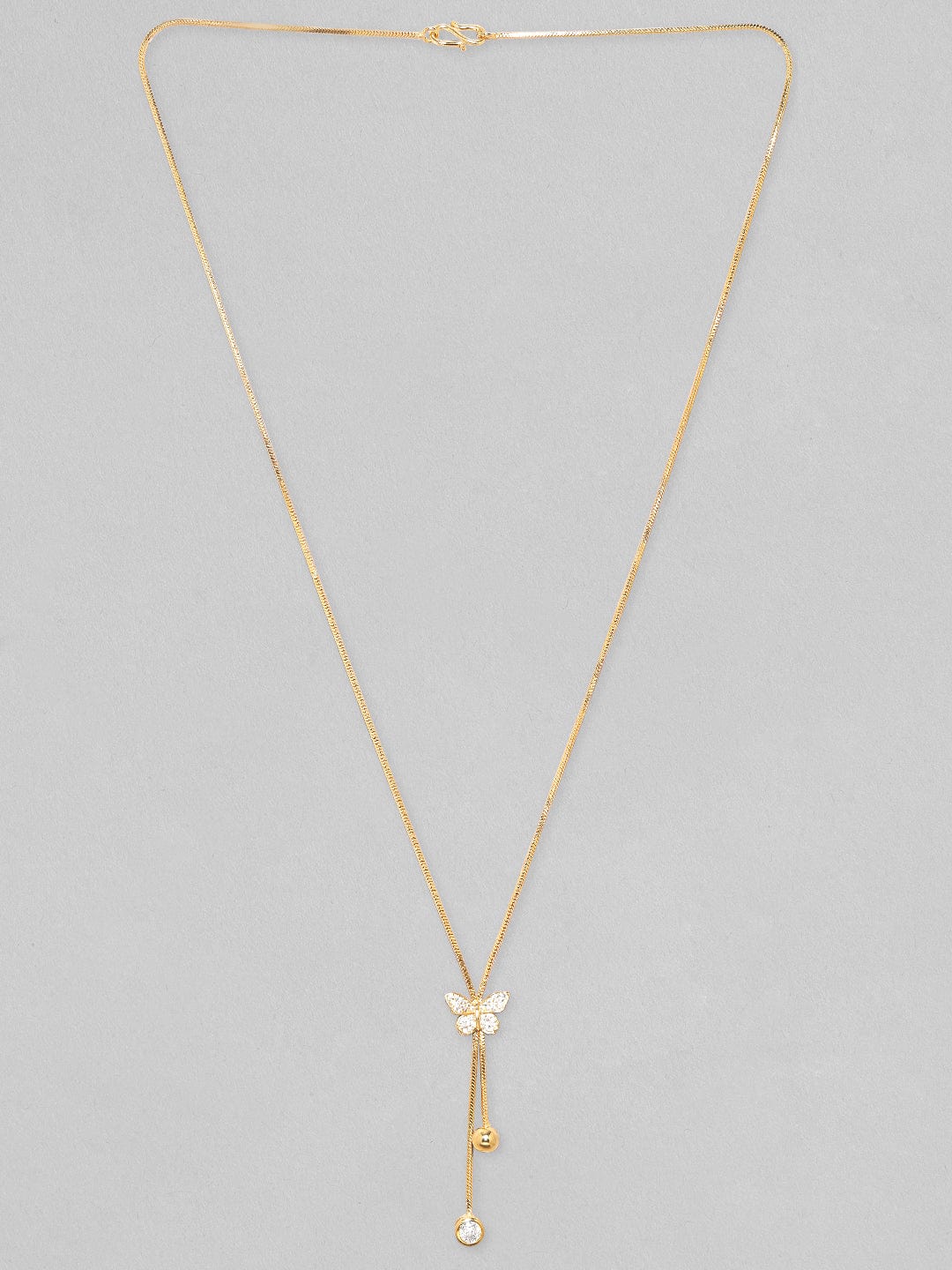 Rubans 18K Gold Plated, Minimal Chain Butterfly Motif Zircons Studded Drop Pendant Necklace.