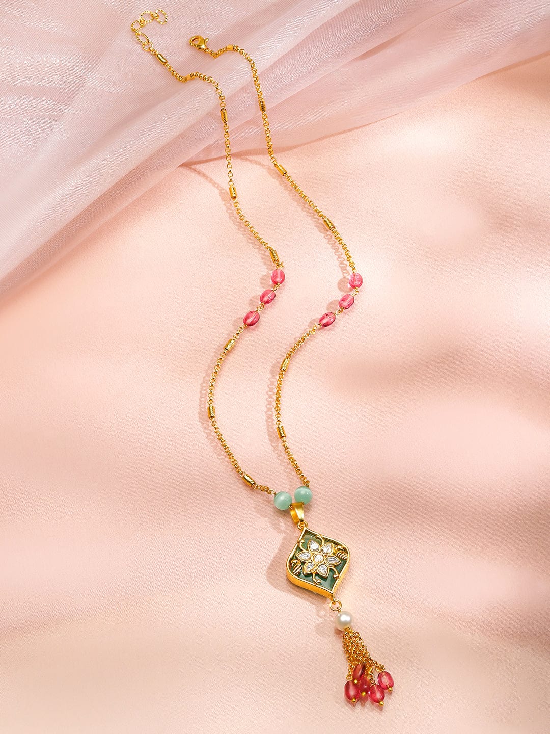 Rubans 18K Gold-Plated Mint Green Enamel and  Kundan Floral Pendant Necklace with Pearl and Ruby Pink Beaded Tassel