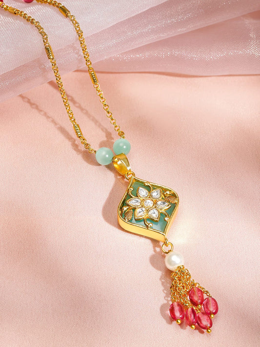 Rubans 18K Gold-Plated Mint Green Enamel and  Kundan Floral Pendant Necklace with Pearl and Ruby Pink Beaded Tassel