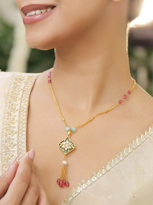 Rubans 18K Gold-Plated Mint Green Enamel and  Kundan Floral Pendant Necklace with Pearl and Ruby Pink Beaded Tassel