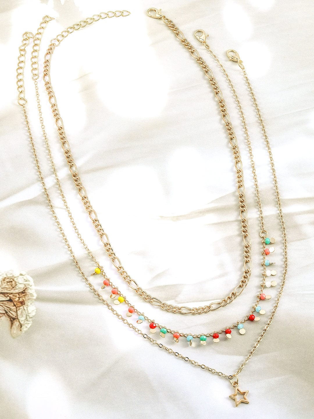 Rubans 18K Gold Plated Multicolor Beaded Star Charm Multi-Layered Necklace