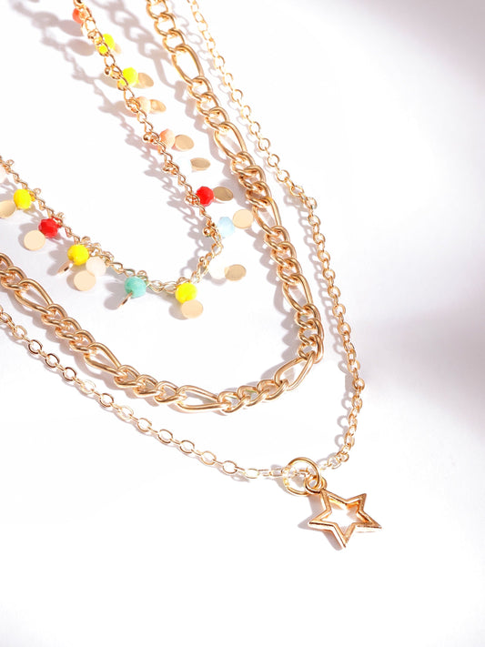 Rubans 18K Gold Plated Multicolor Beaded Star Charm Multi-Layered Necklace