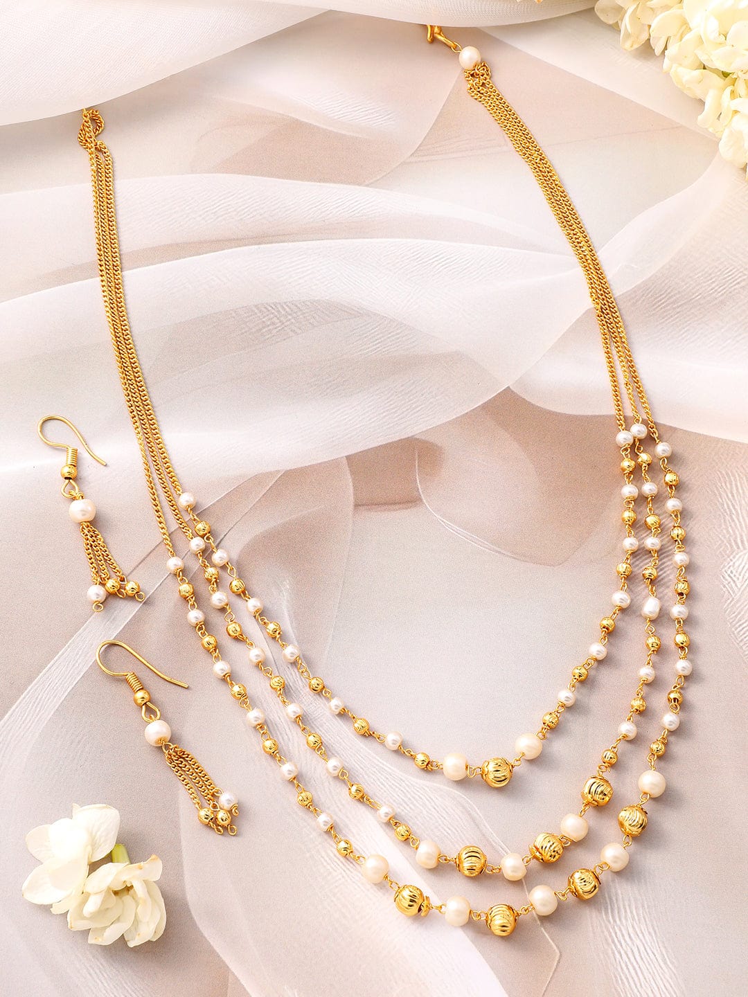 Rubans 18K Gold-Plated Multilayer Pearl Beaded Necklace Set with Matching Earrings