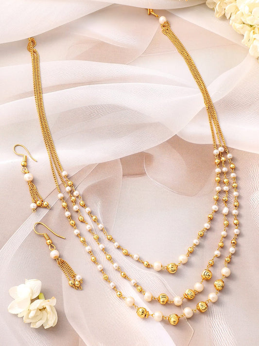 Rubans 18K Gold-Plated Multilayer Pearl Beaded Necklace Set with Matching Earrings