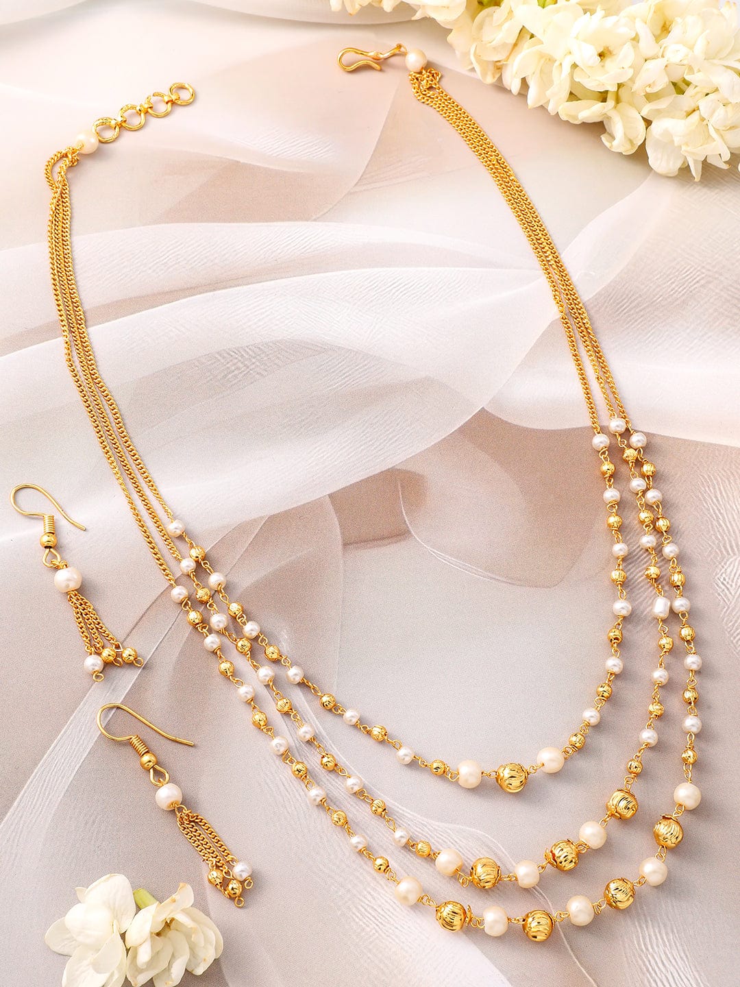 Rubans 18K Gold-Plated Multilayer Pearl Beaded Necklace Set with Matching Earrings