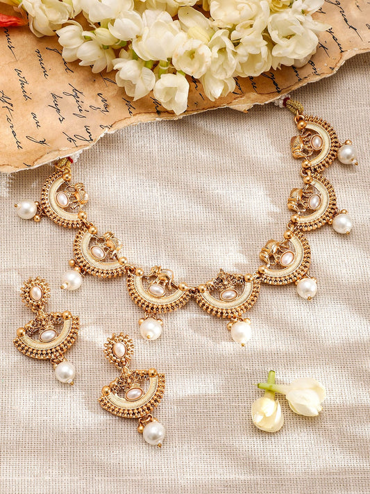 Rubans 18K Gold-Plated White Pearl Drops and Kundan Studded Temple Necklace Set