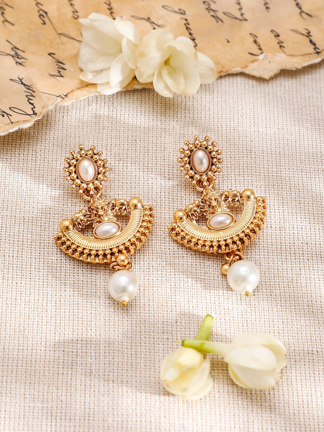 Rubans 18K Gold-Plated White Pearl Drops and Kundan Studded Temple Necklace Set