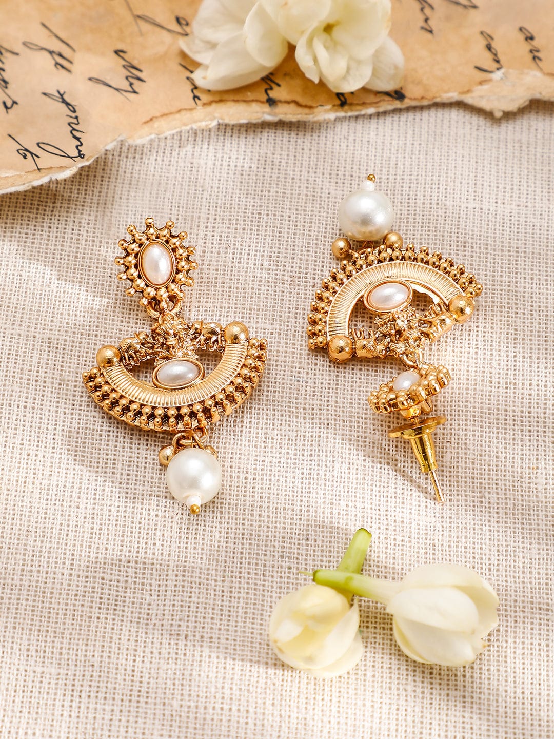 Rubans 18K Gold-Plated White Pearl Drops and Kundan Studded Temple Necklace Set