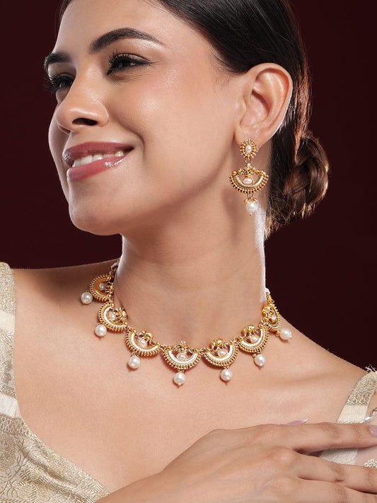 Rubans 18K Gold-Plated White Pearl Drops and Kundan Studded Temple Necklace Set