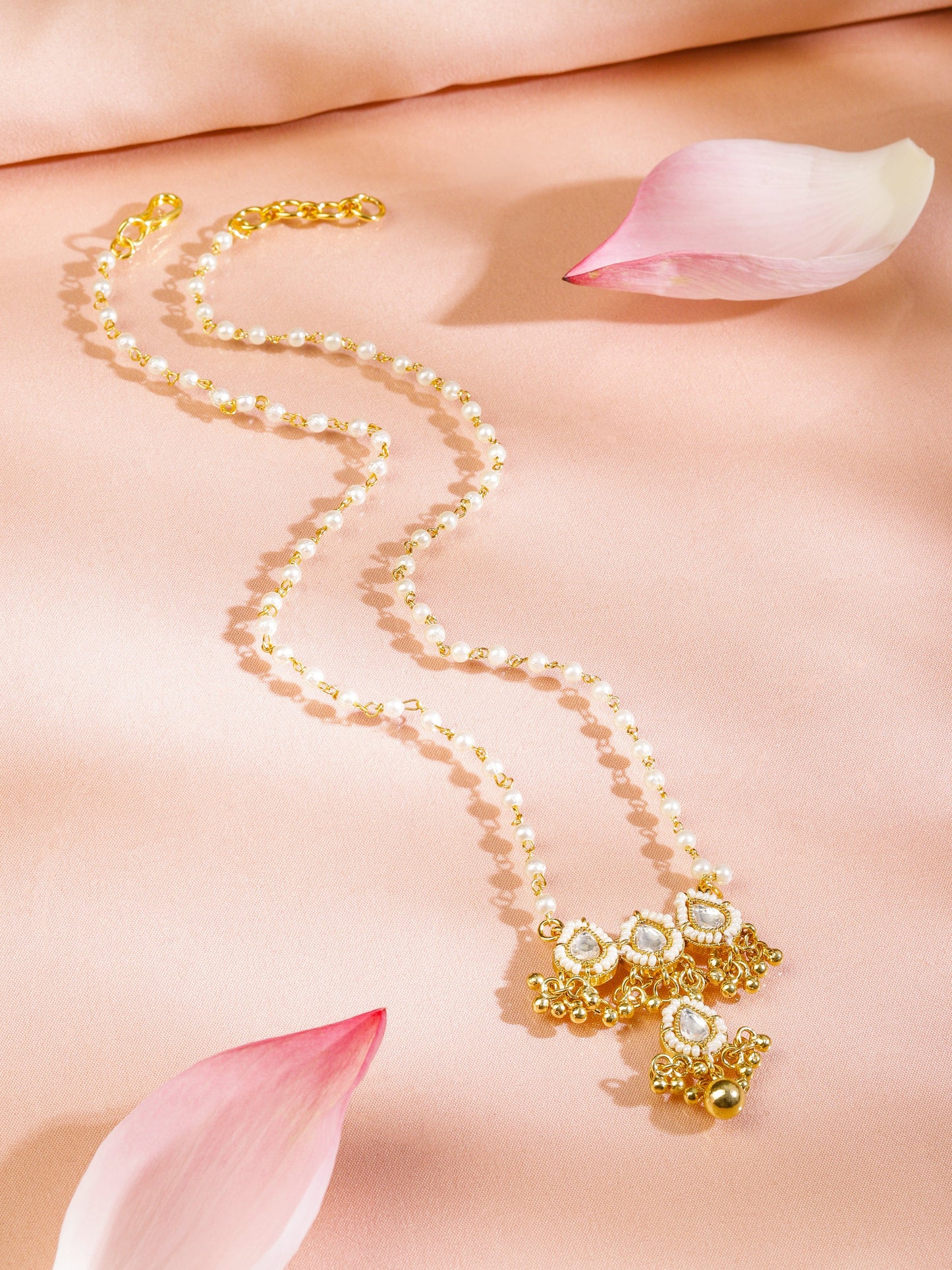 Rubans 18K Gold-Plated Pearl Beaded Necklace with Kundan Pendant and Golden Drop Detailing