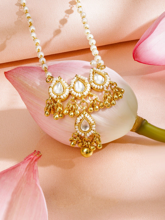 Rubans 18K Gold-Plated Pearl Beaded Necklace with Kundan Pendant and Golden Drop Detailing