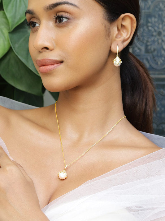 Rubans 18K Gold-Plated Pearl & Cubic Zirconia Studded Pendant Necklace & Earrings Set
