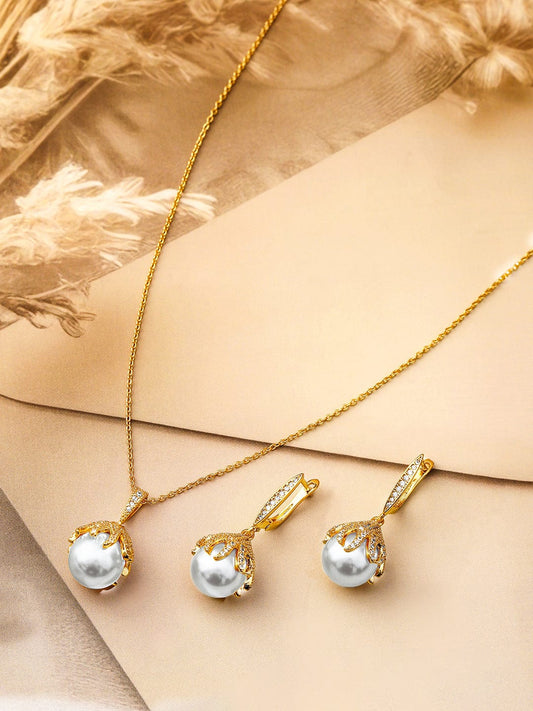Rubans 18K Gold-Plated Pearl & Cubic Zirconia Studded Pendant Necklace & Earrings Set