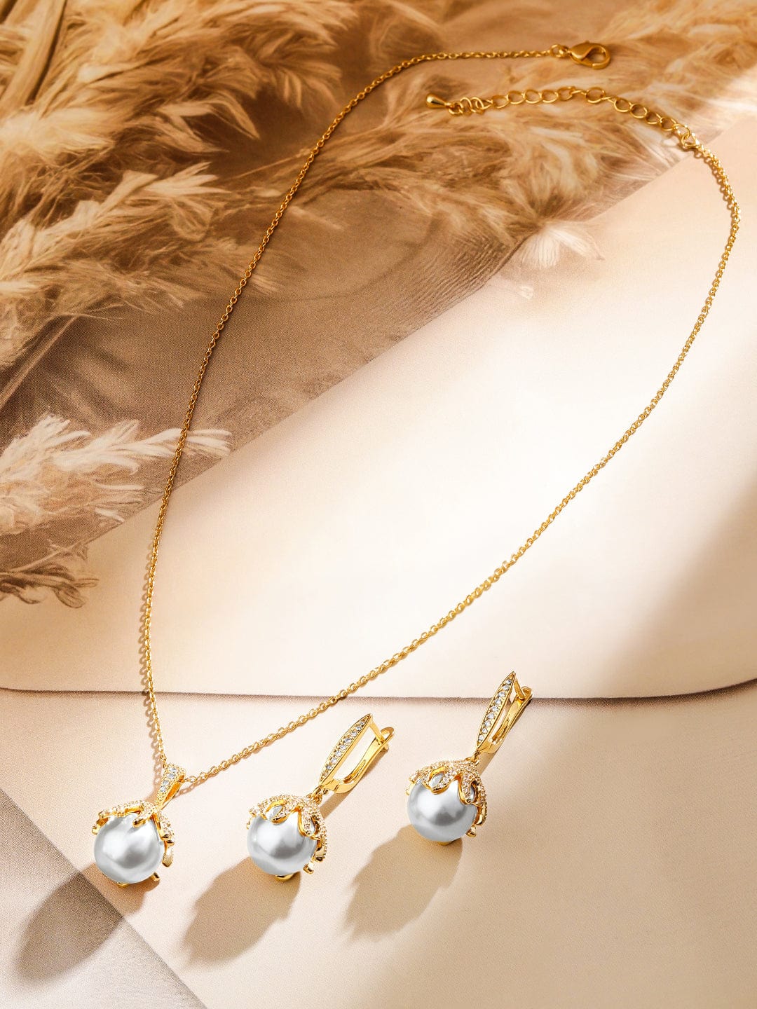 Rubans 18K Gold-Plated Pearl & Cubic Zirconia Studded Pendant Necklace & Earrings Set