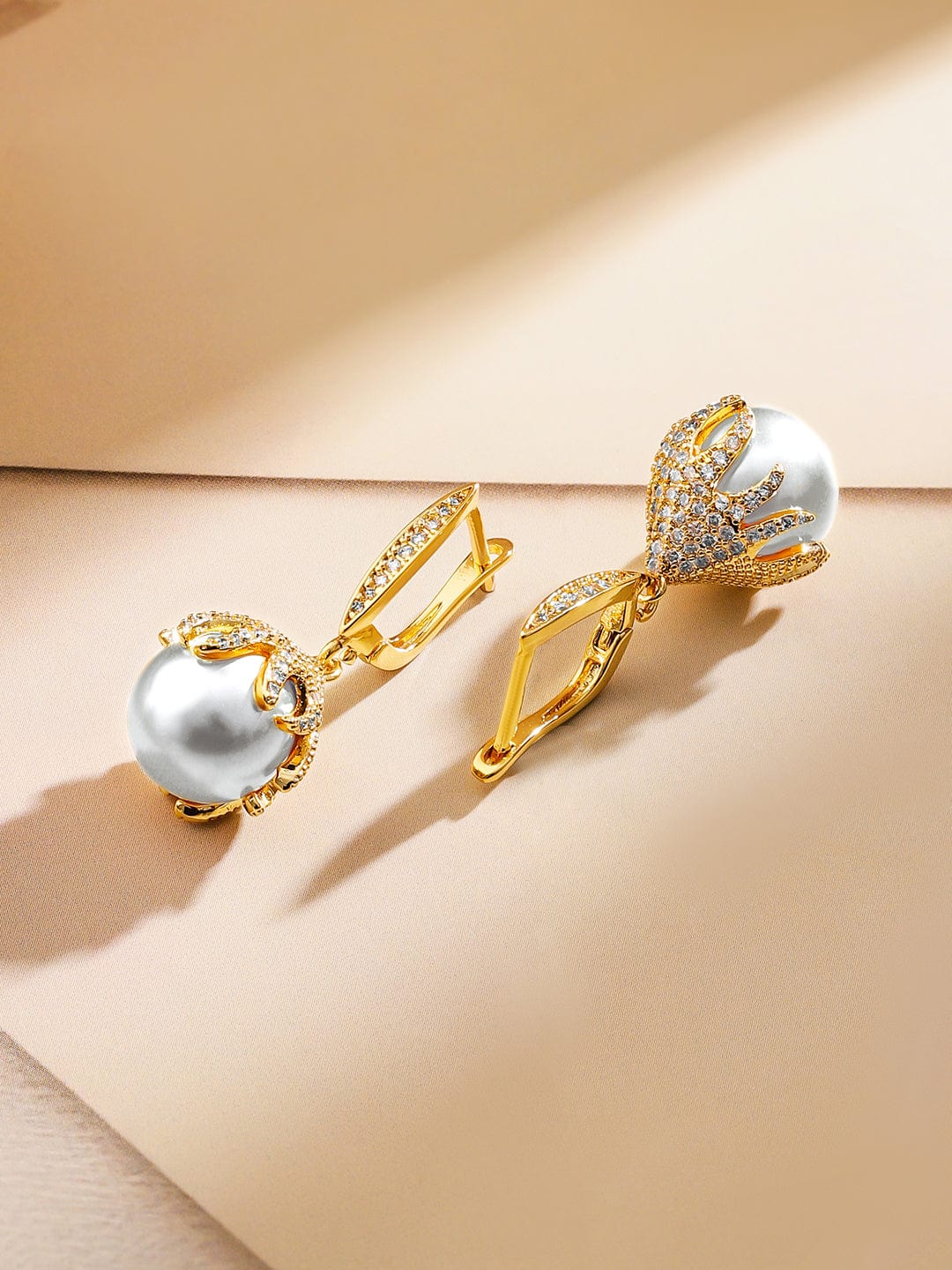 Rubans 18K Gold-Plated Pearl & Cubic Zirconia Studded Pendant Necklace & Earrings Set