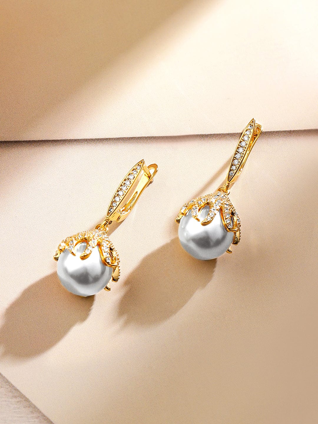 Rubans 18K Gold-Plated Pearl & Cubic Zirconia Studded Pendant Necklace & Earrings Set