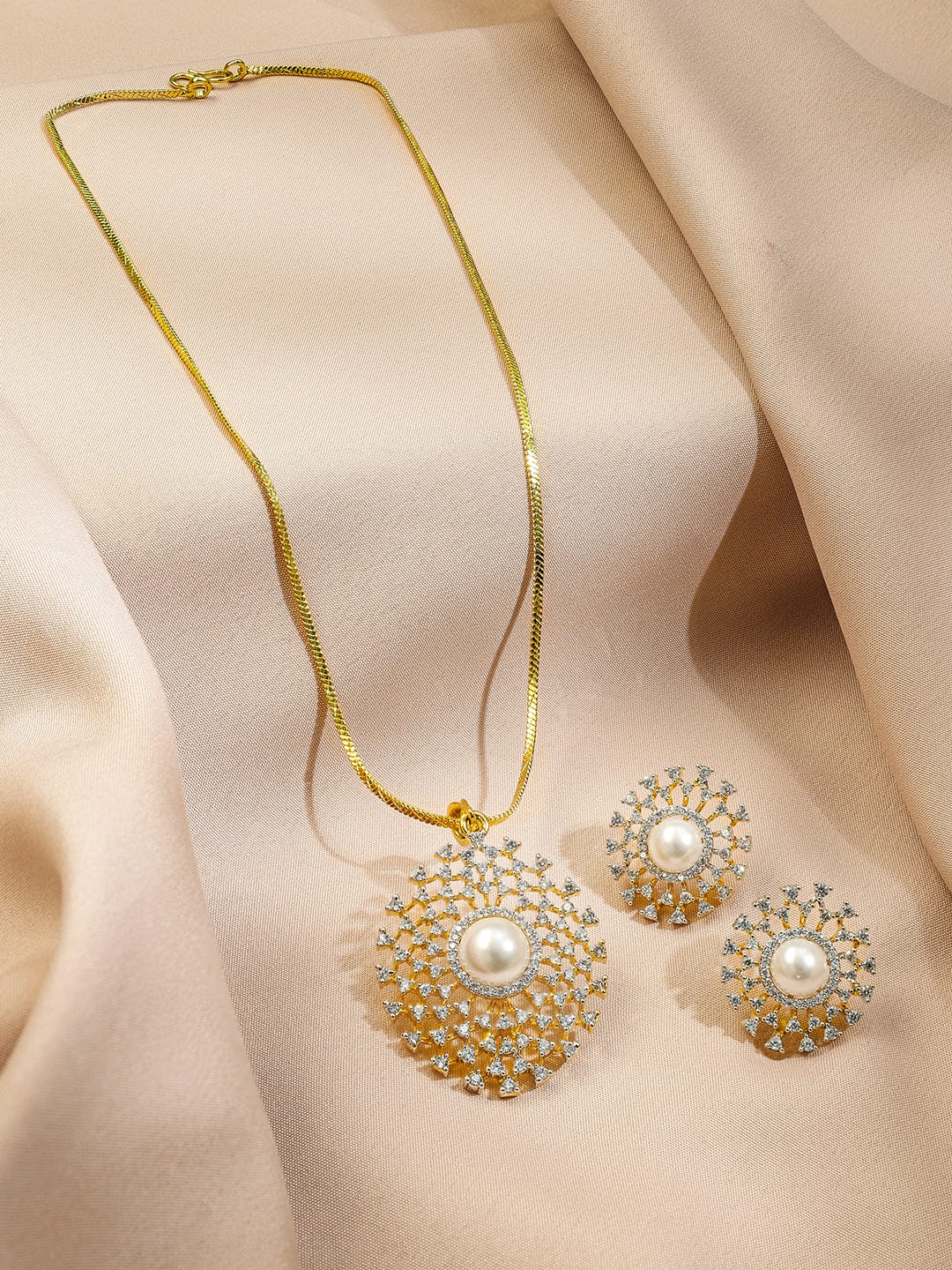 Rubans 18K Gold-Plated Pearl & White Cubic Zirconia Studded Sunburst Pendant Necklace Set