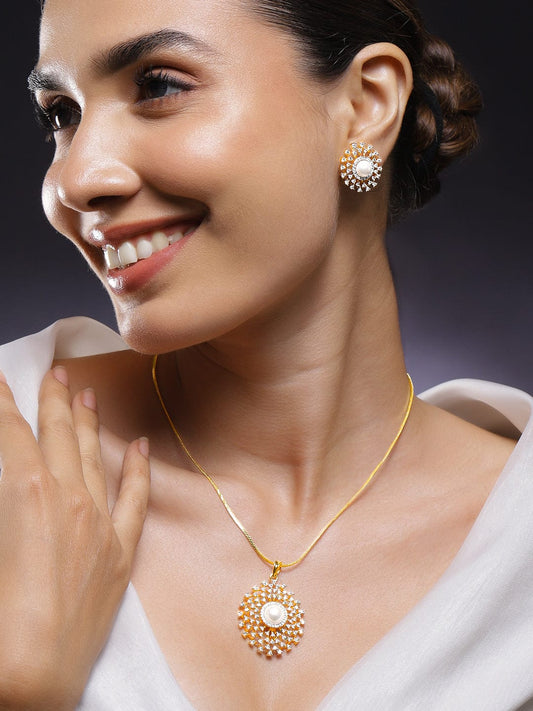 Rubans 18K Gold-Plated Pearl & White Cubic Zirconia Studded Sunburst Pendant Necklace Set