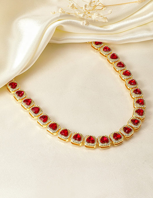 Rubans 18K Gold Plated Red Heart Shaped Crystal Choker Necklace with CubicZirconia Accents