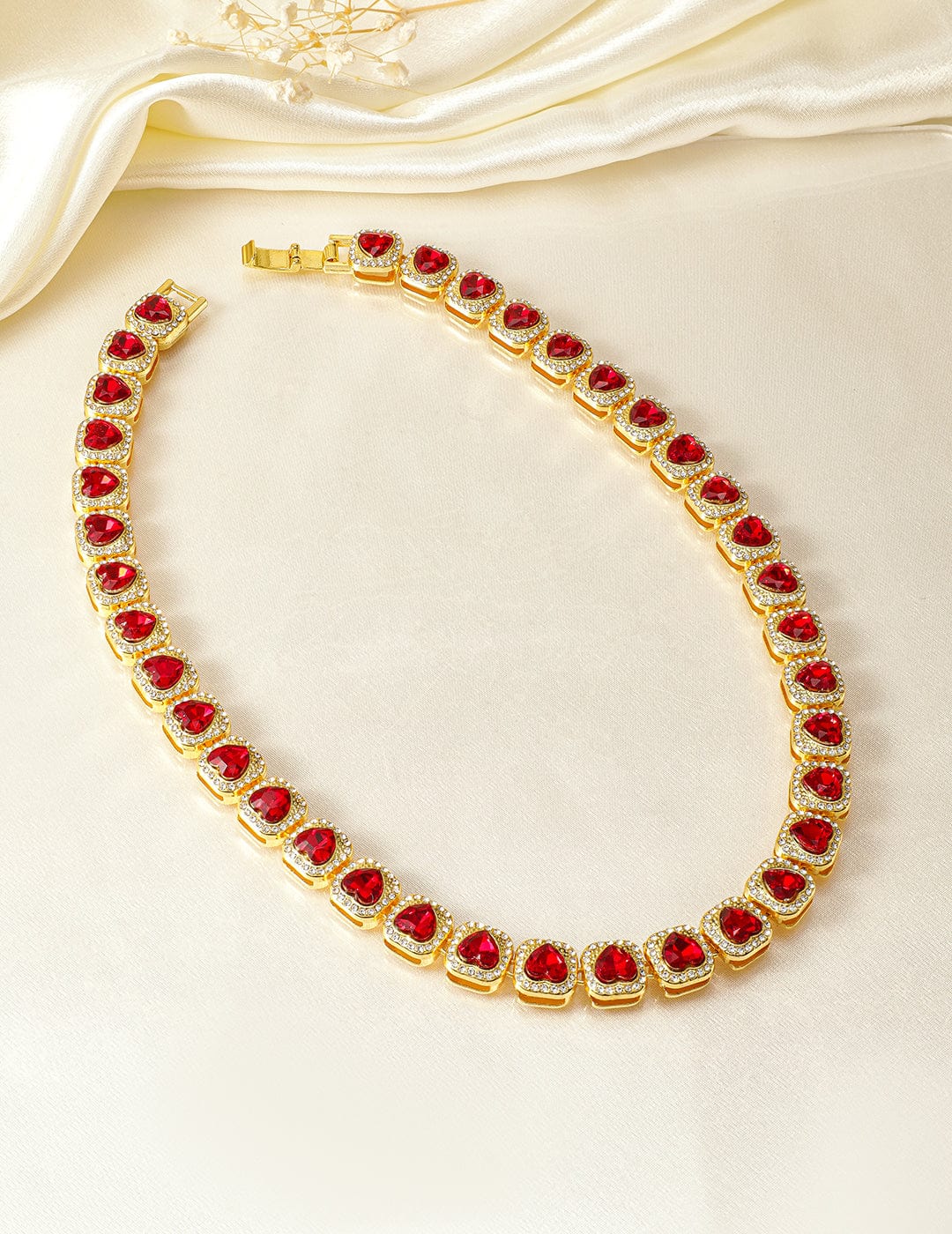 Rubans 18K Gold Plated Red Heart Shaped Crystal Choker Necklace with CubicZirconia Accents