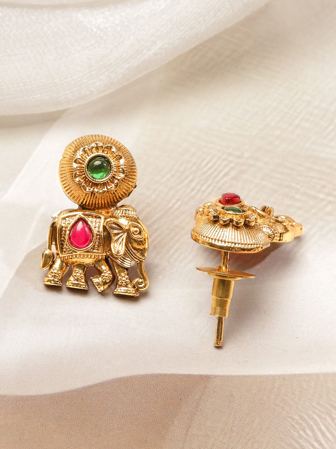 Rubans 18K Gold-Plated Ruby & Emerald Studded Brass Elephant Motif Temple Necklace Set