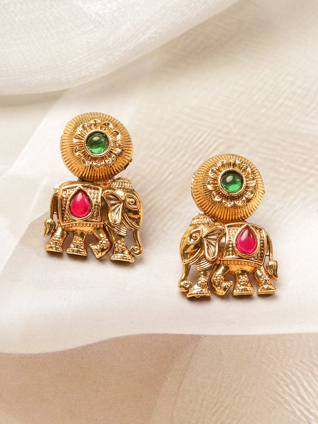 Rubans 18K Gold-Plated Ruby & Emerald Studded Brass Elephant Motif Temple Necklace Set