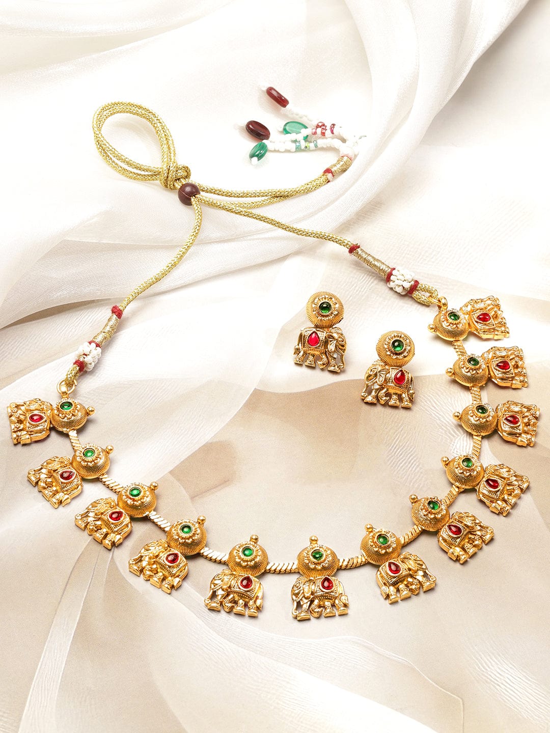 Rubans 18K Gold-Plated Ruby & Emerald Studded Brass Elephant Motif Temple Necklace Set