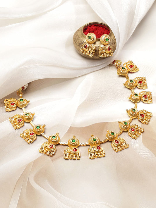Rubans 18K Gold-Plated Ruby & Emerald Studded Brass Elephant Motif Temple Necklace Set