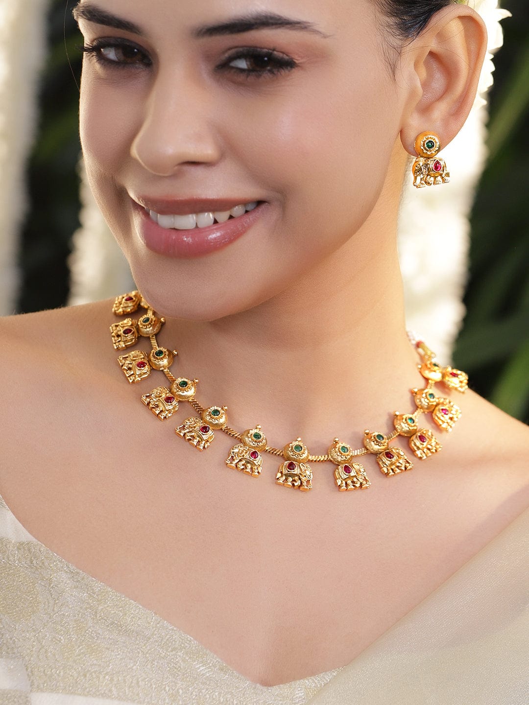 Rubans 18K Gold-Plated Ruby & Emerald Studded Brass Elephant Motif Temple Necklace Set