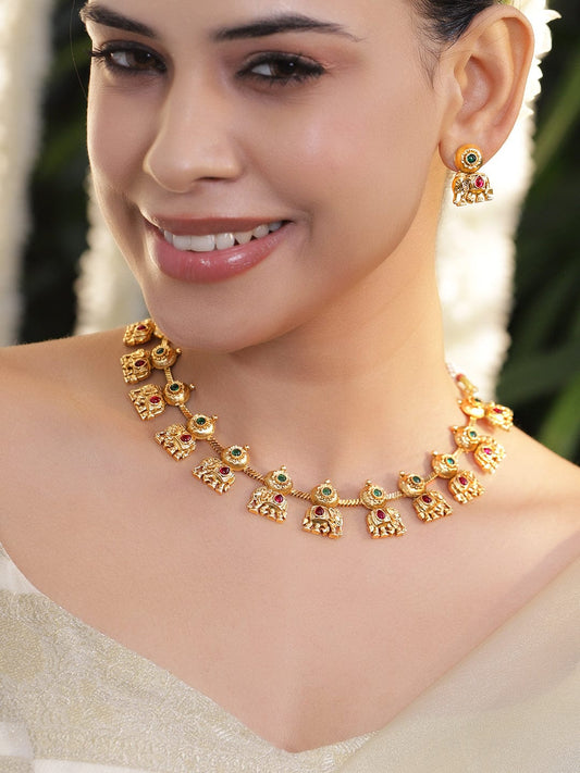 Rubans 18K Gold-Plated Ruby & Emerald Studded Brass Elephant Motif Temple Necklace Set
