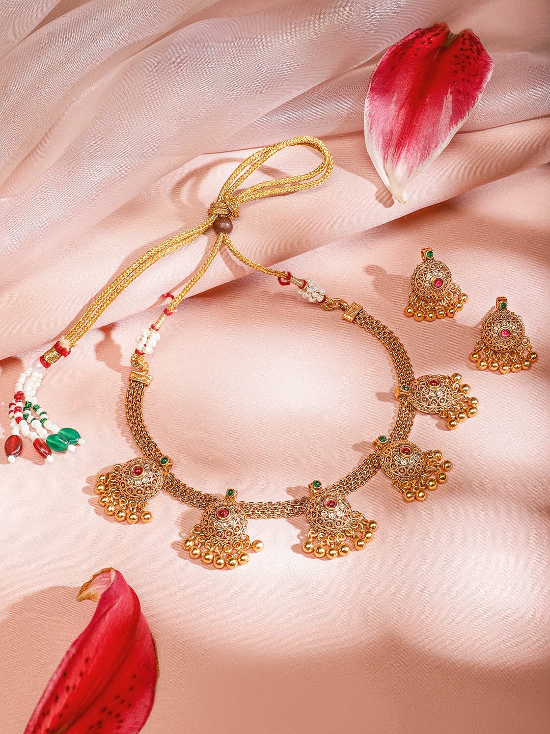 Rubans 18K Gold-Plated Ruby & Emerald Studded Temple Motif Gold Beaded Necklace Set for Women