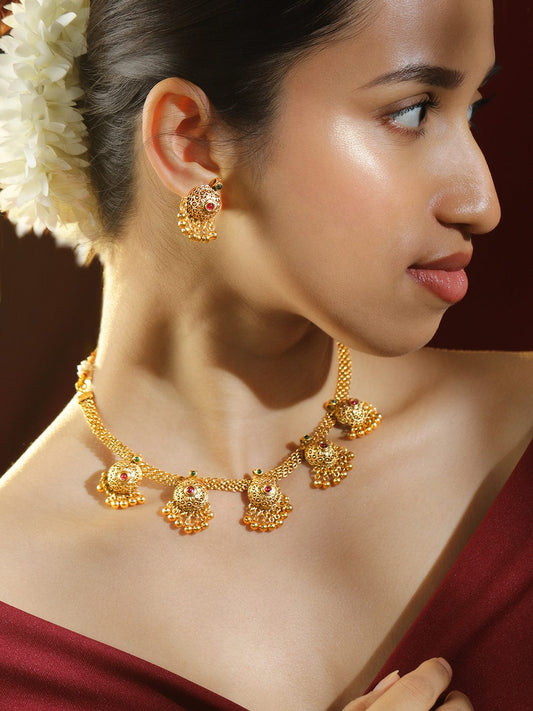 Rubans 18K Gold-Plated Ruby & Emerald Studded Temple Motif Gold Beaded Necklace Set for Women