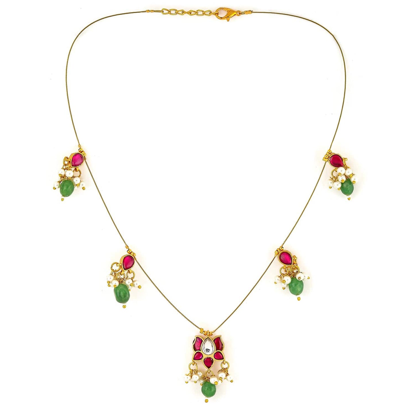 Rubans 18K Gold-Plated Ruby Pink & Emerald Green Kundan Studded Necklace with Pearl Accents