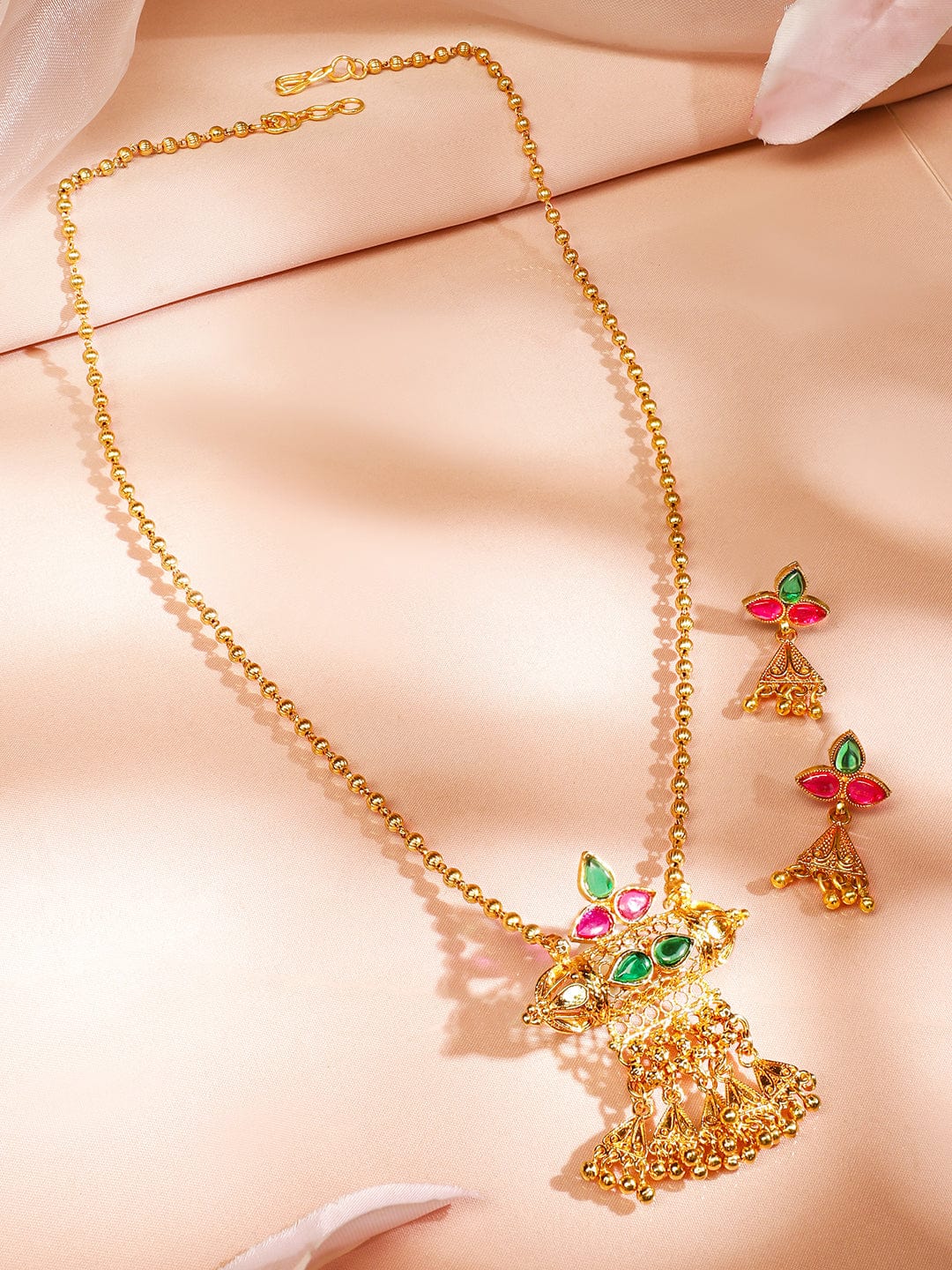 Rubans 18K Gold-Plated Ruby Pink & Emerald Green Studded Temple Design Necklace Set with Golden Bead Accents for Women