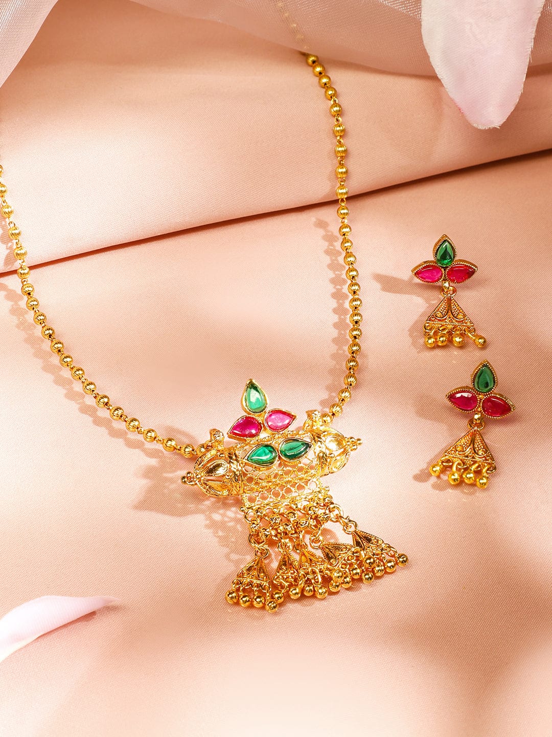 Rubans 18K Gold-Plated Ruby Pink & Emerald Green Studded Temple Design Necklace Set with Golden Bead Accents for Women